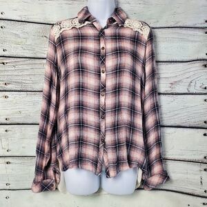 Jolt Women's XL Pink Plaid Button Down Shirt Lace Back Sheer Contrast Long Sleev